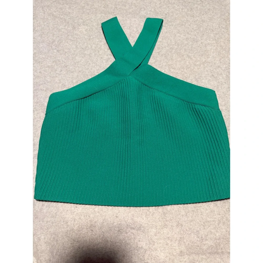 Sincerely Jules Green Ribbed Knit Crossover Halter Crop Top Sleeveless Medium